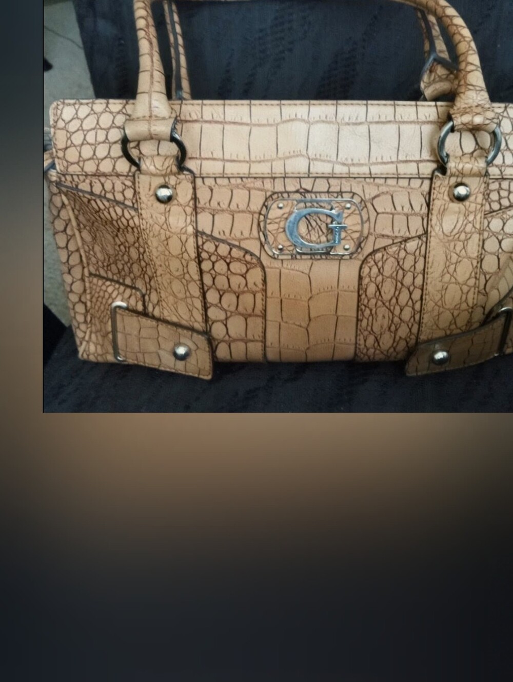 Guess Tan Croc-Embossed Shoulder Bag with Logo Plaque
